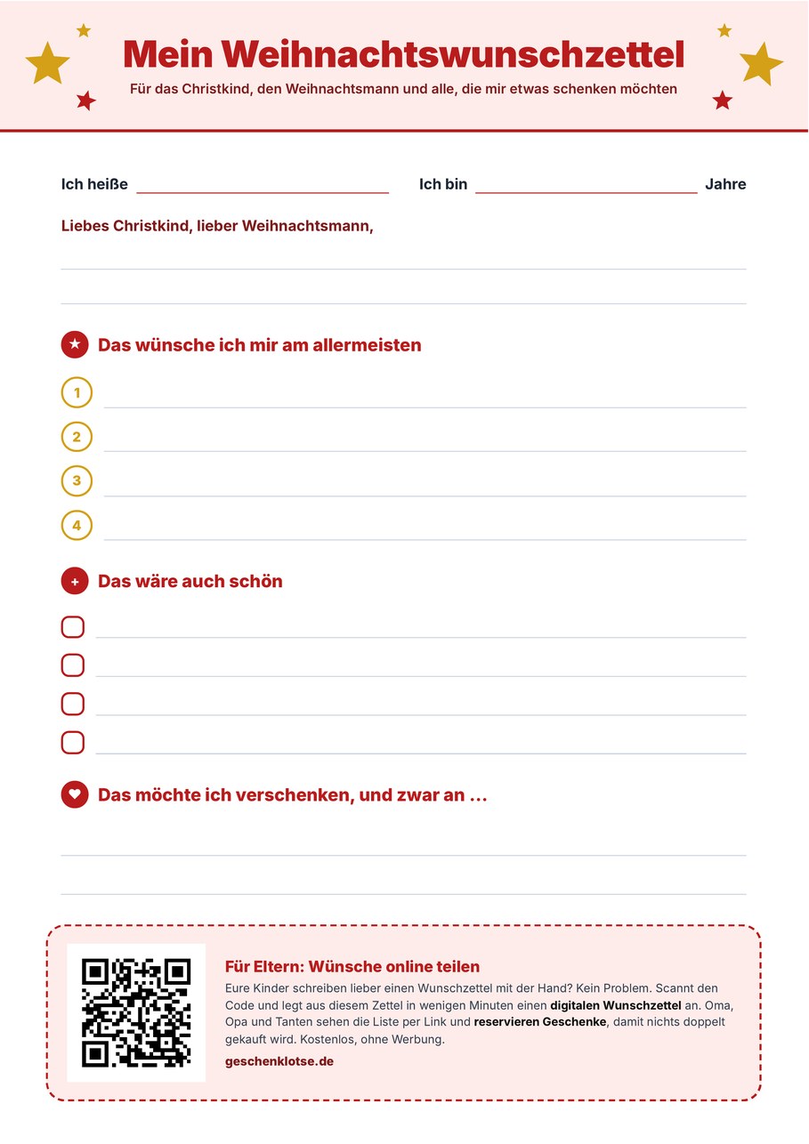 Weihnachtswunschzettel für Kinder in Rot & Gold, Vorschau