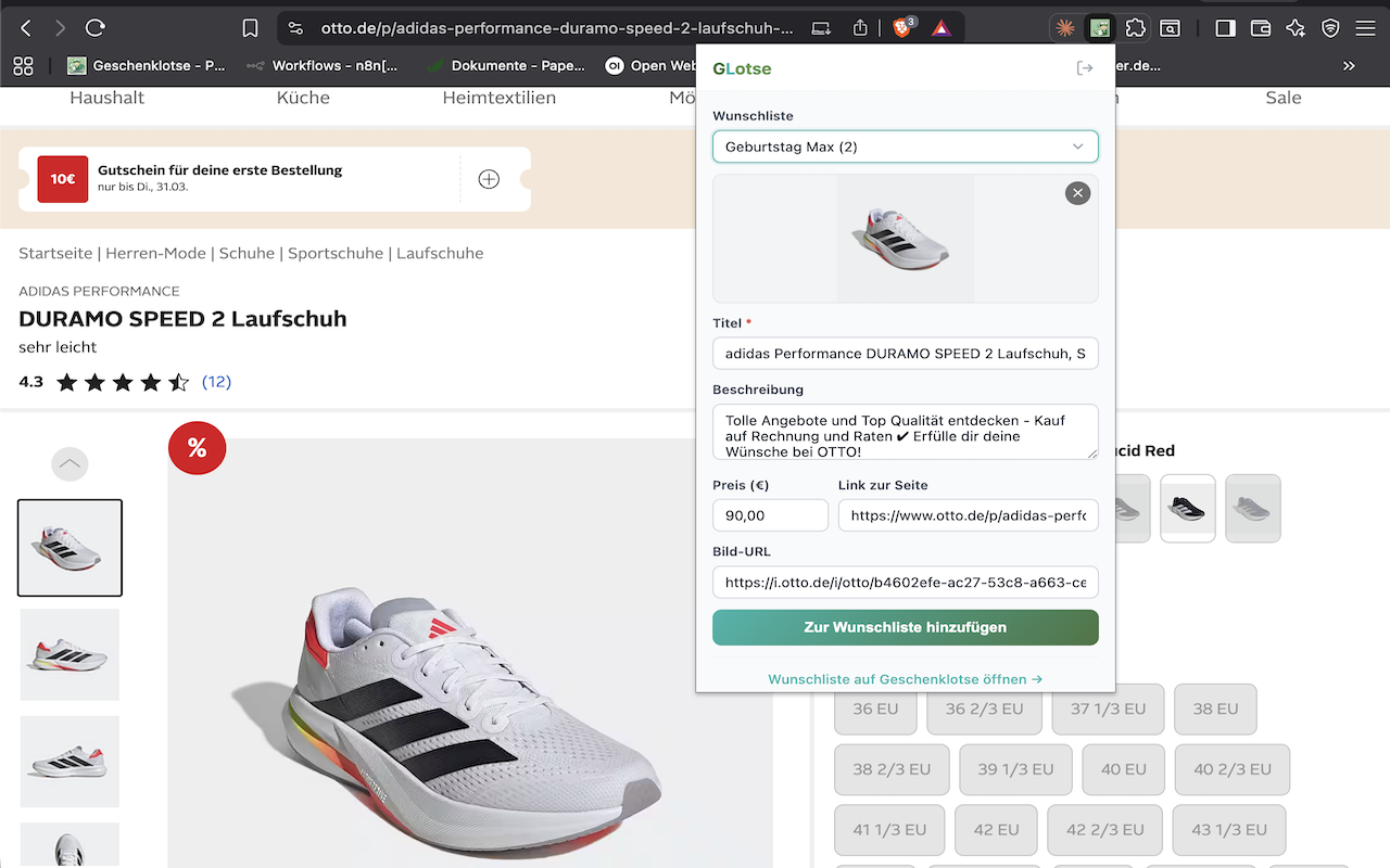 Geschenklotse Chrome Extension in Aktion – Produkt zur Wunschliste hinzufügen